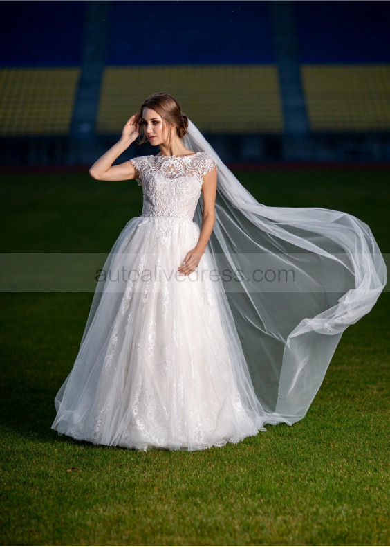 Boat Neck Ivory Lace Tulle Keyhole Back Outdoor Wedding Dress